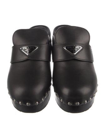 Prada Enameled Metal Triangle Leather Mules