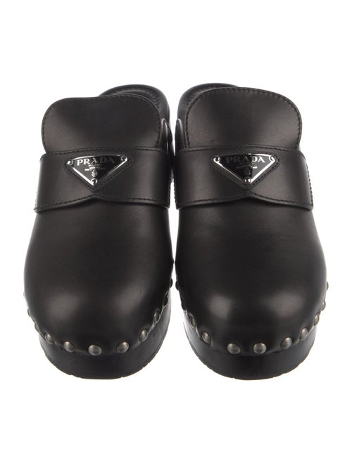 Prada Enameled Metal Triangle Leather Mules