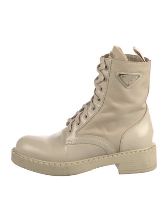 Prada Enameled Metal Triangle Leather Combat Boots