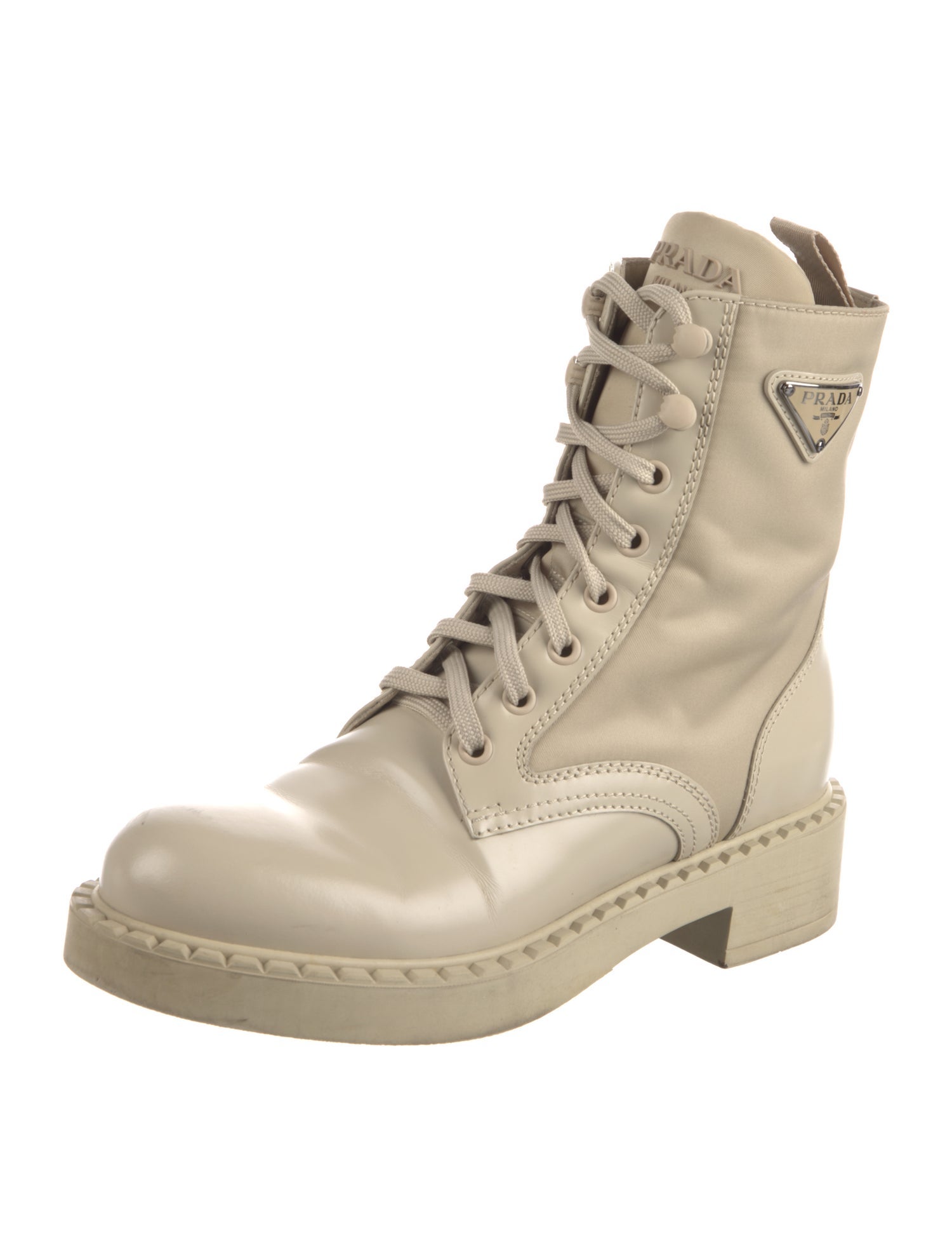Prada Enameled Metal Triangle Leather Combat Boots