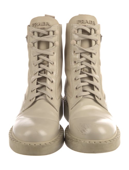 Prada Enameled Metal Triangle Leather Combat Boots