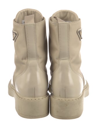 Prada Enameled Metal Triangle Leather Combat Boots