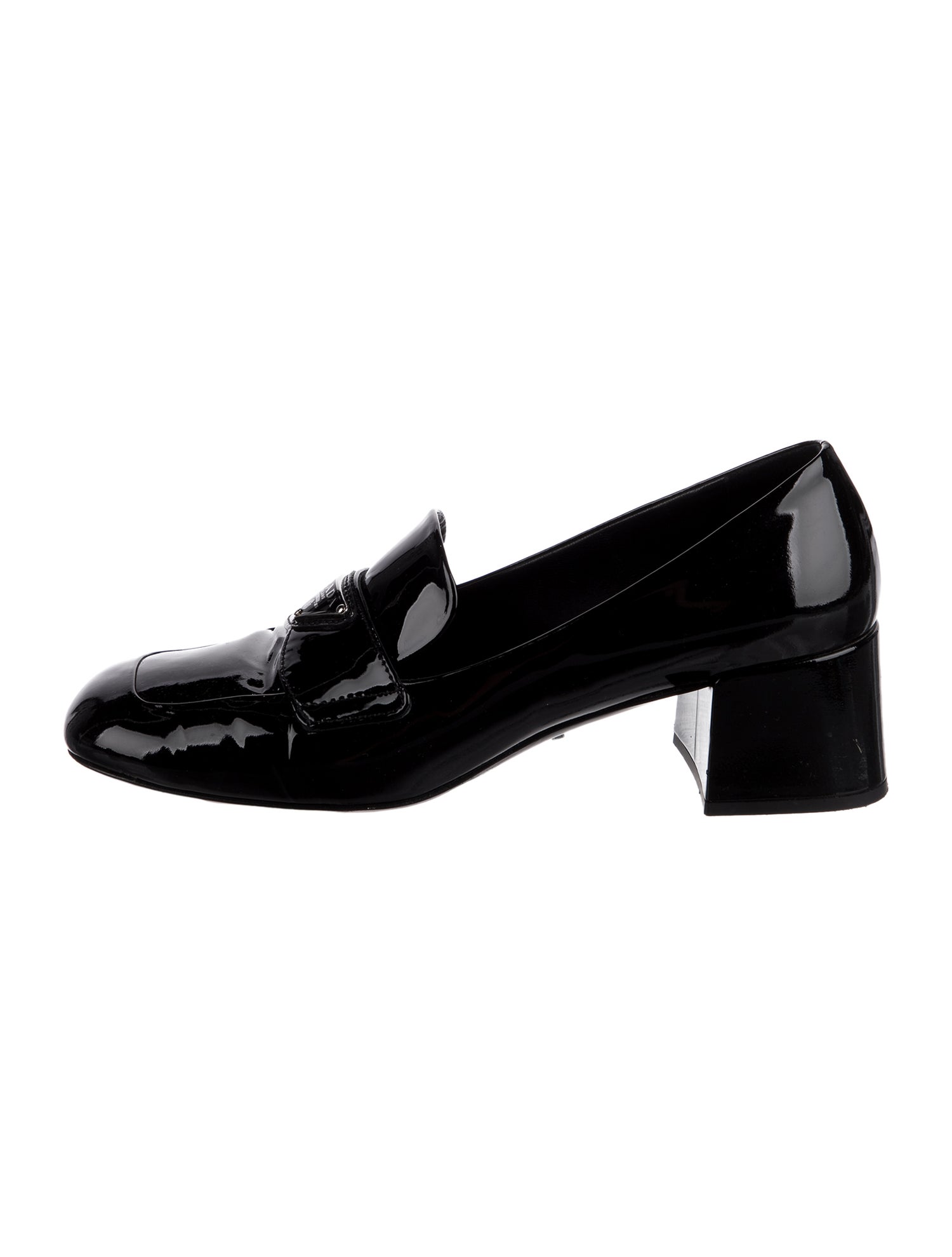 Prada Enameled Metal Triangle Patent Leather Pumps