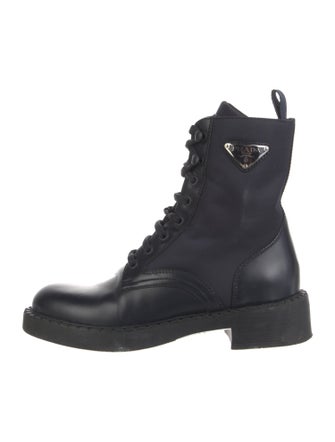 Prada Enameled Metal Triangle Leather Combat Boots