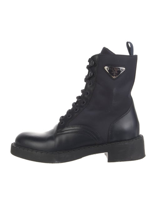 Prada Enameled Metal Triangle Leather Combat Boots