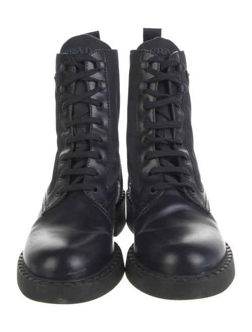 Prada Enameled Metal Triangle Leather Combat Boots
