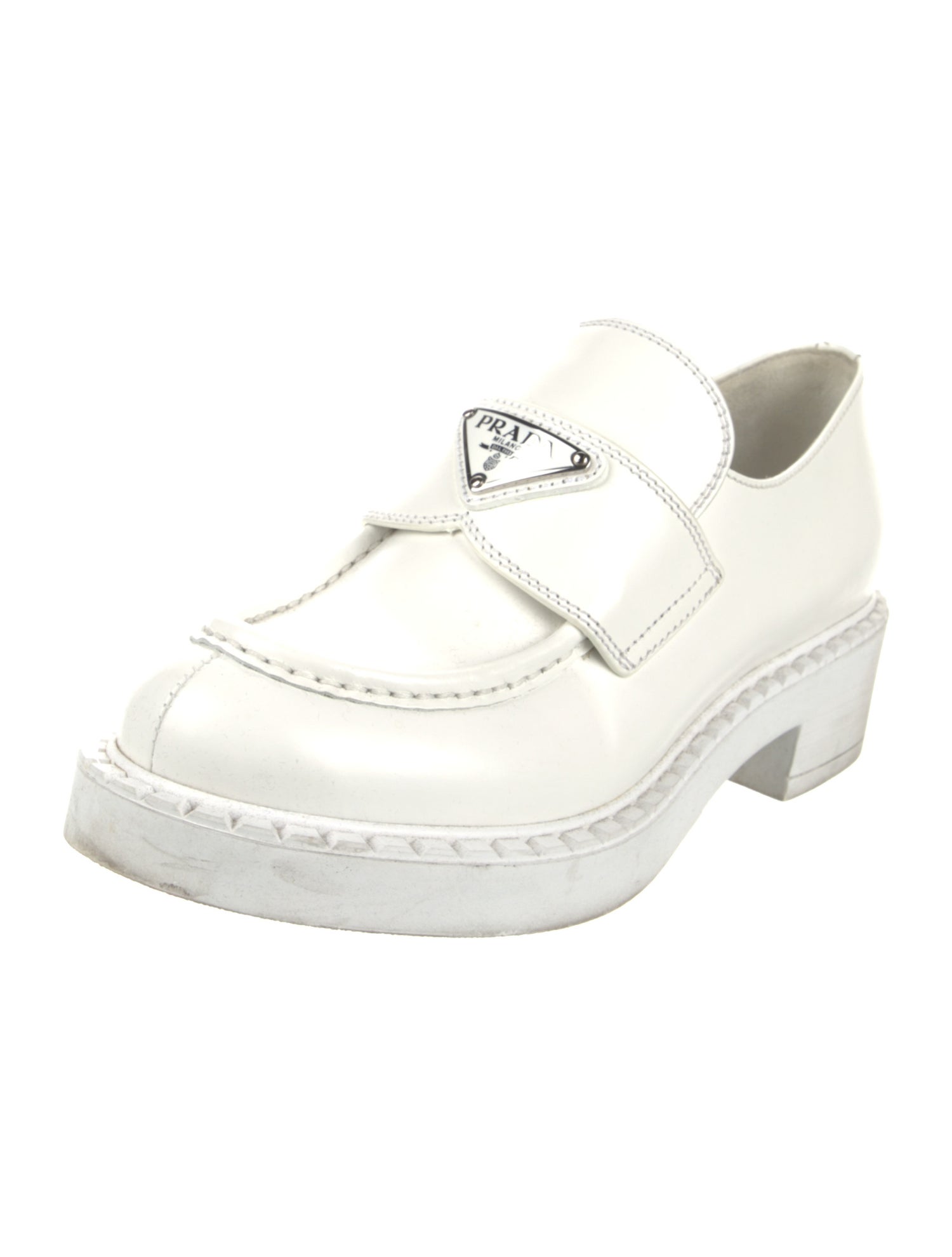 Prada Enameled Metal Triangle Leather Oxfords