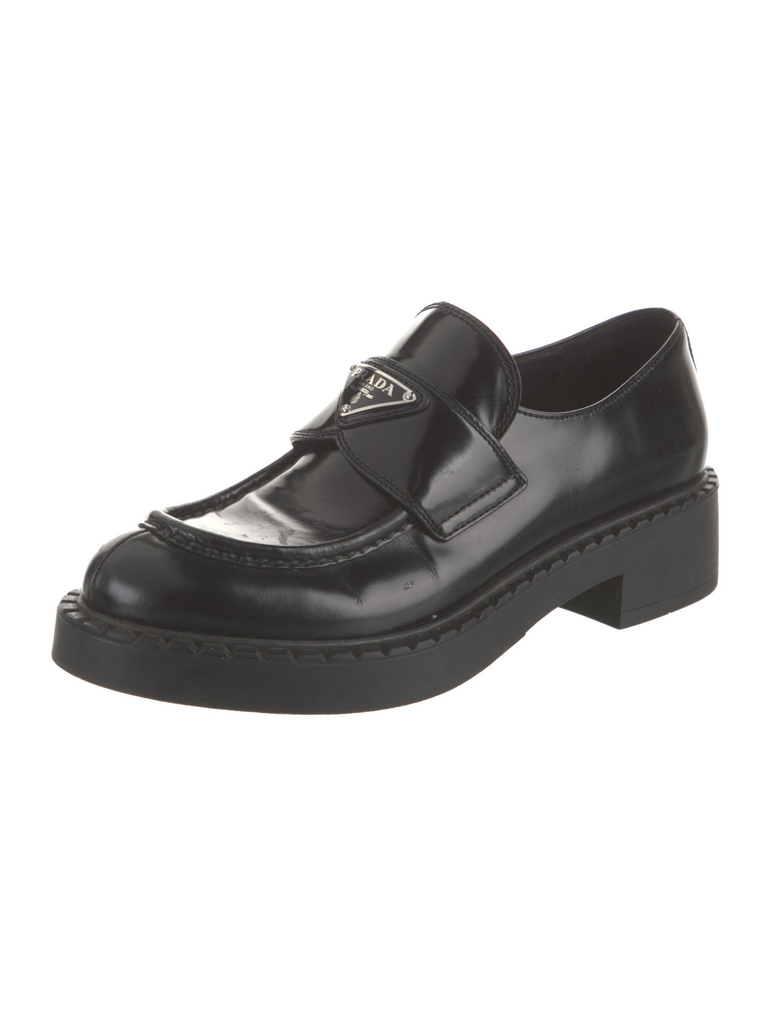 Prada Enameled Metal Triangle Leather Oxfords