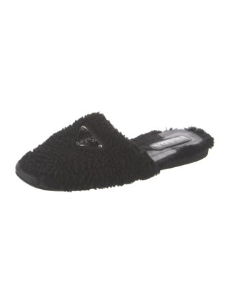 Prada Enameled Metal Triangle Shearling Mules