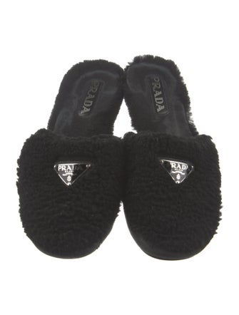 Prada Enameled Metal Triangle Shearling Mules