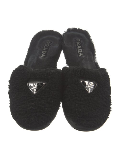 Prada Enameled Metal Triangle Shearling Mules