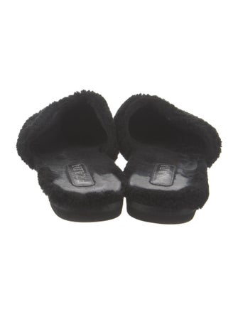 Prada Enameled Metal Triangle Shearling Mules