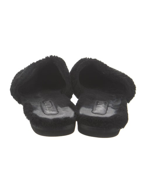 Prada Enameled Metal Triangle Shearling Mules