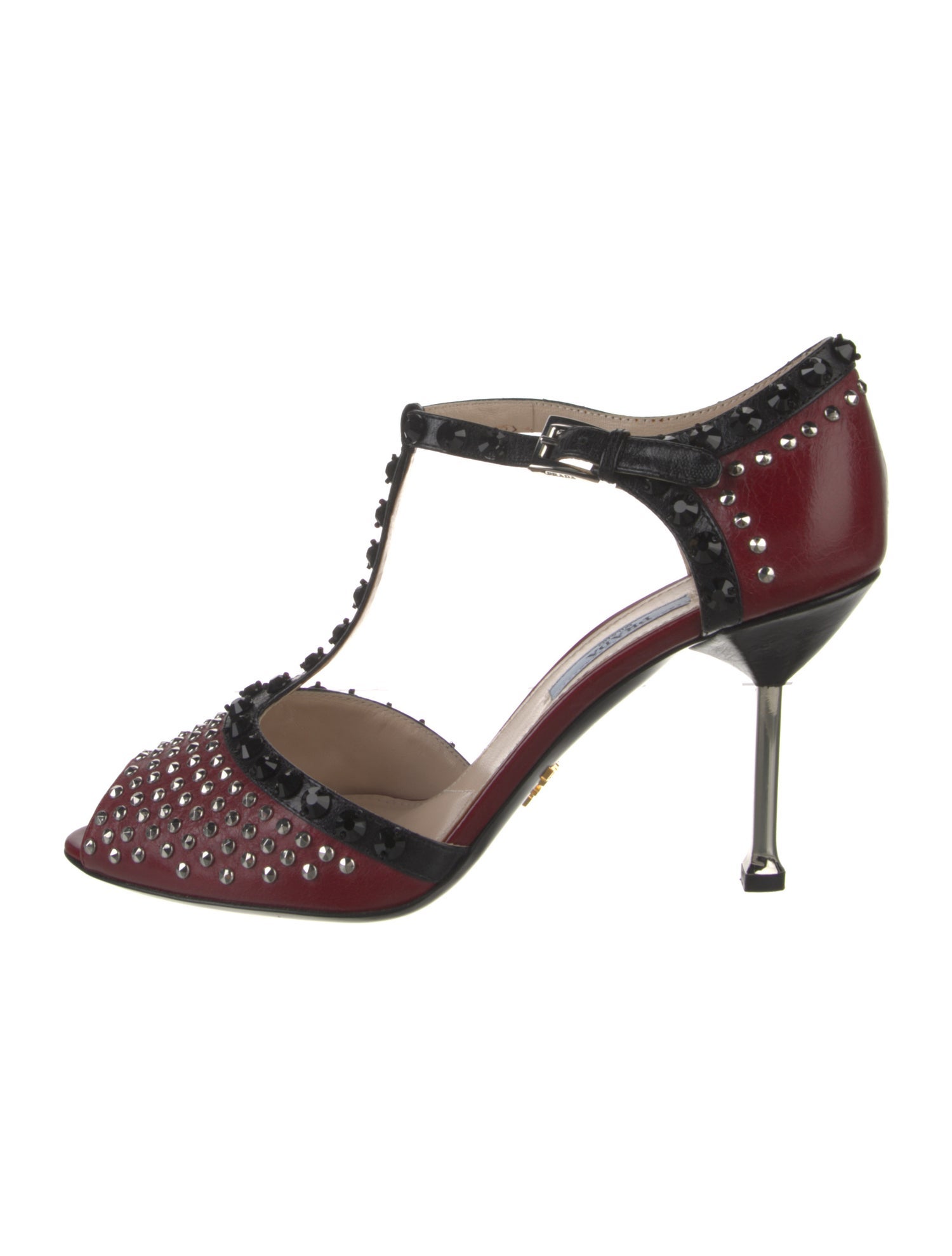 Prada Leather Crystal Embellishments T-Strap Pumps