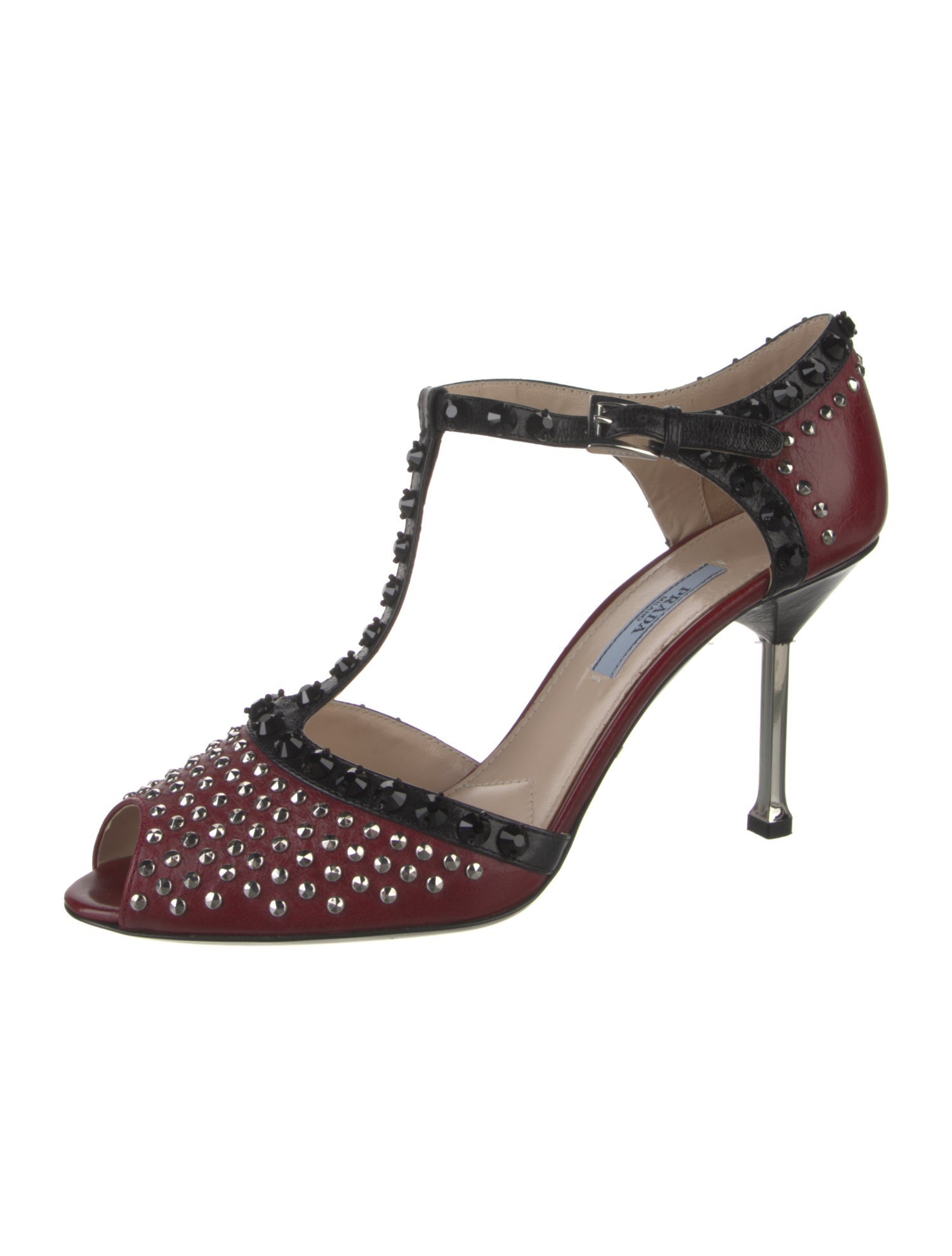 Prada Leather Crystal Embellishments T-Strap Pumps