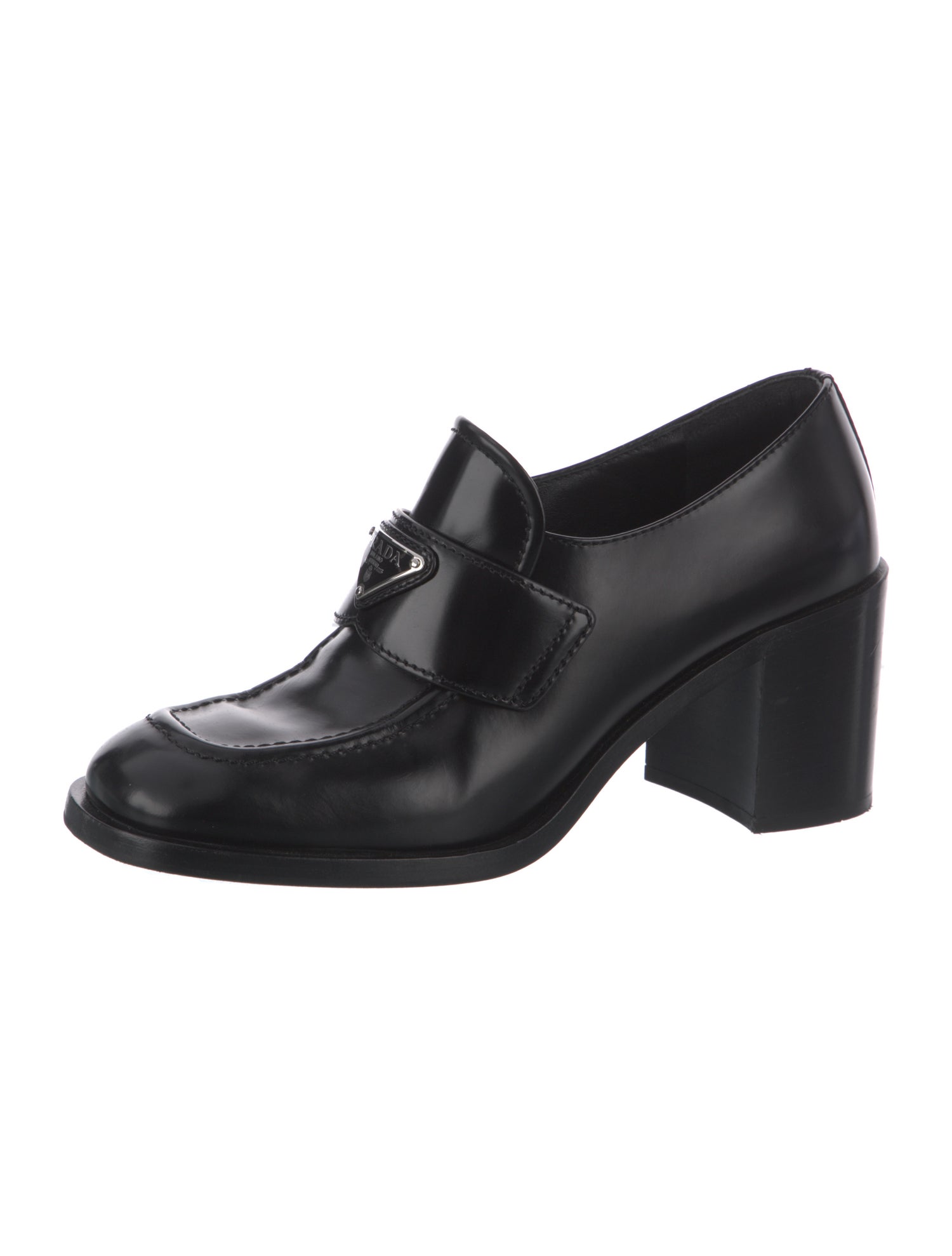 Prada Enameled Metal Triangle Leather Pumps