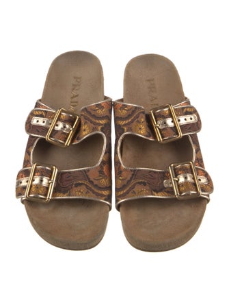 Prada Printed Leather Trim Embellishment Slides