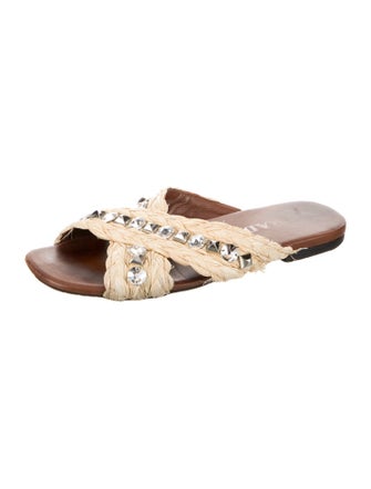 Prada Straw Crystal Embellishments Slides