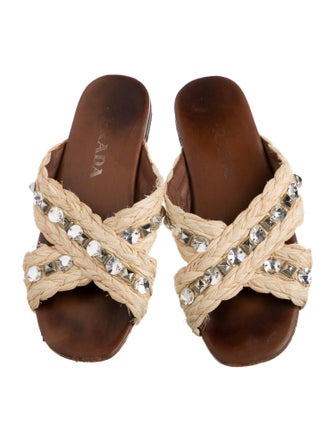 Prada Straw Crystal Embellishments Slides