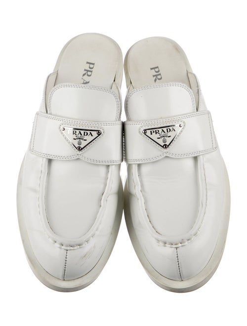 Prada Enameled Metal Triangle Leather Mules
