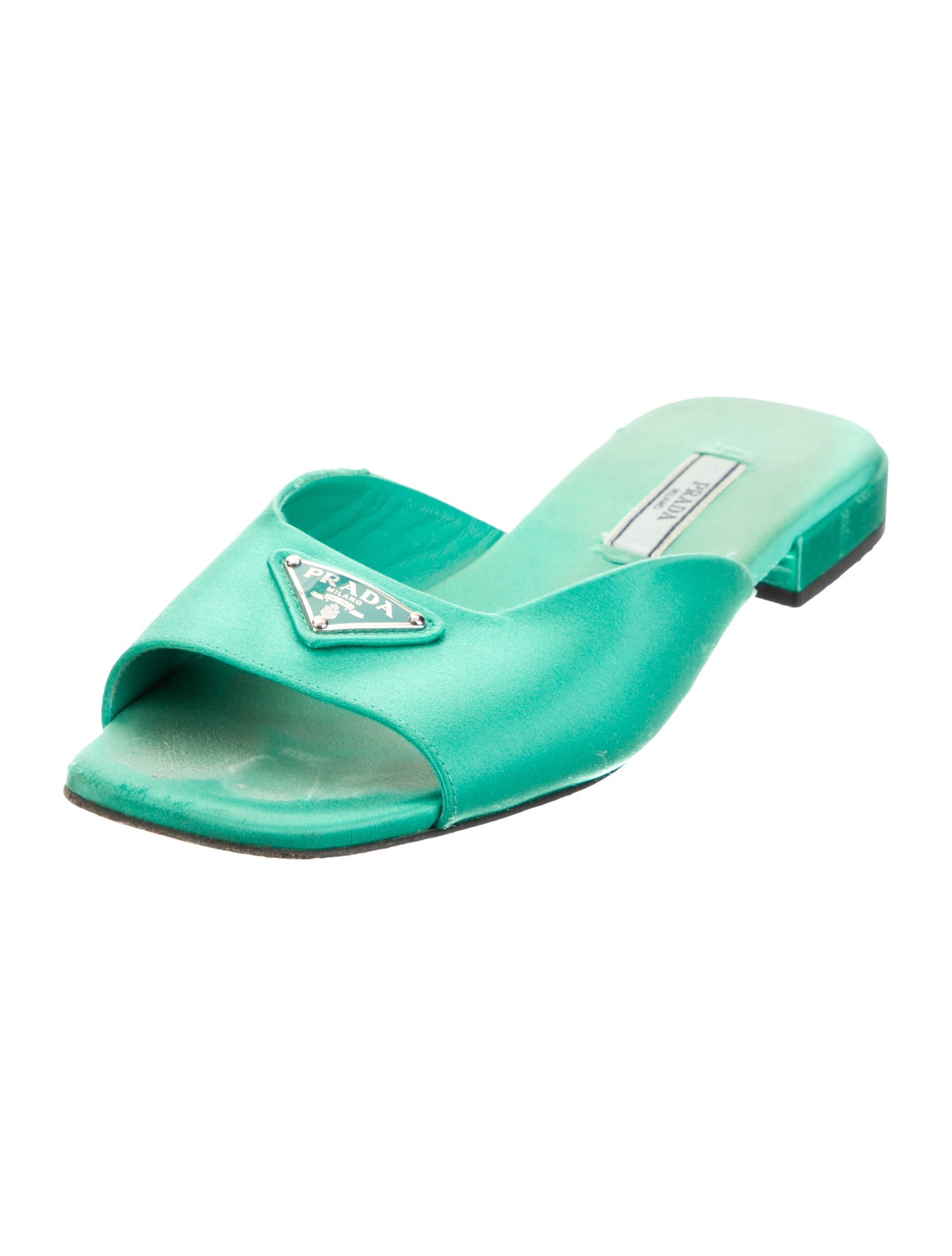 Prada Enameled Metal Triangle Satin Slides