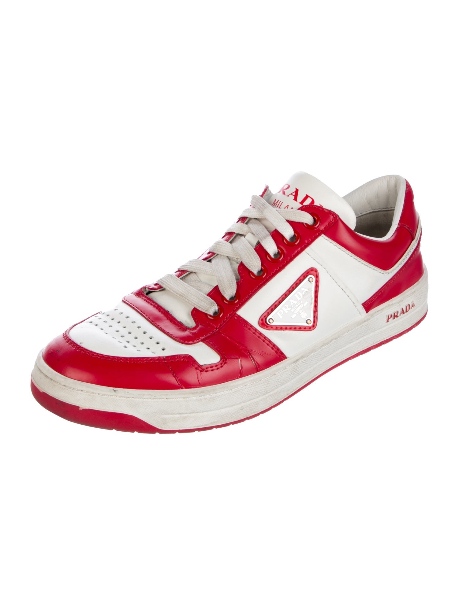 Prada Enameled Metal Triangle Leather Sneakers