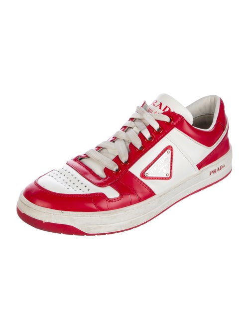 Prada Enameled Metal Triangle Leather Sneakers