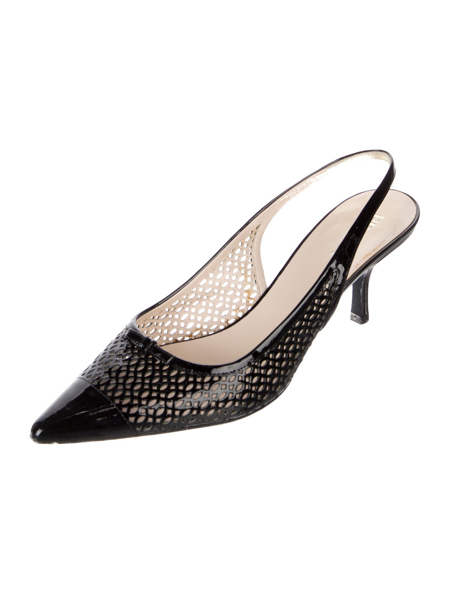 Prada Patent Leather Lasercut Accents Slingback Pumps