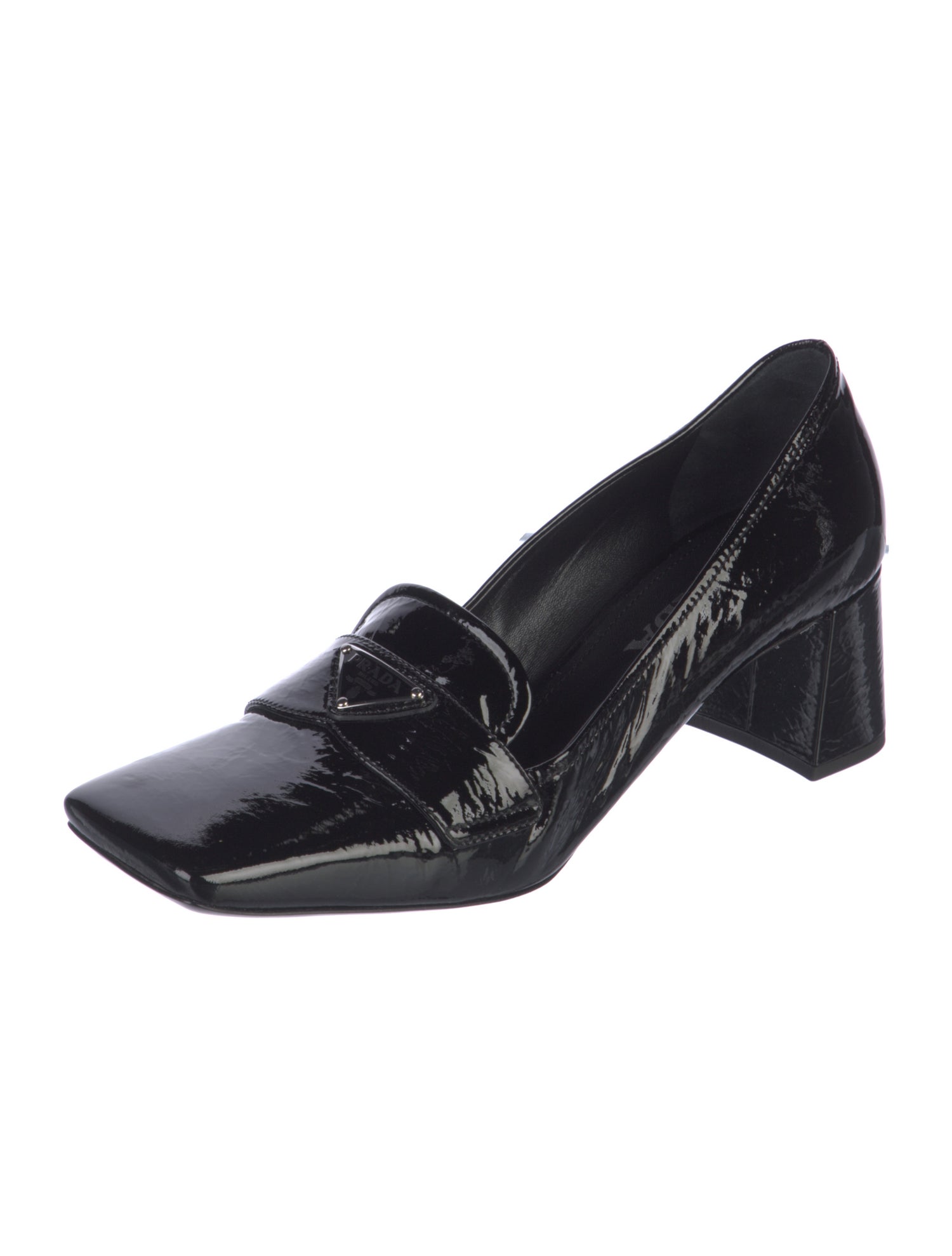 Prada Enameled Metal Triangle Patent Leather Pumps