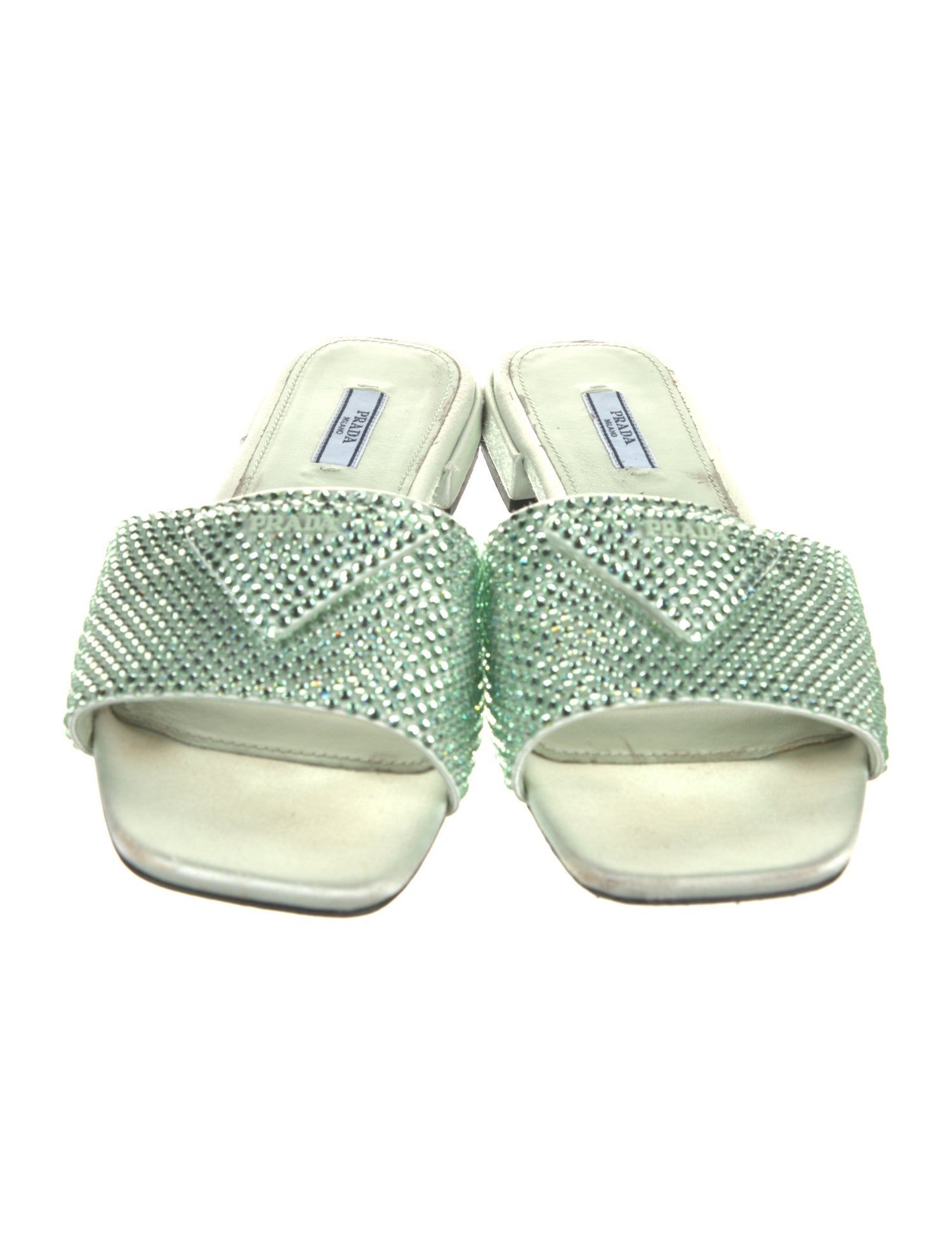 Prada Enameled Metal Triangle Satin Slides