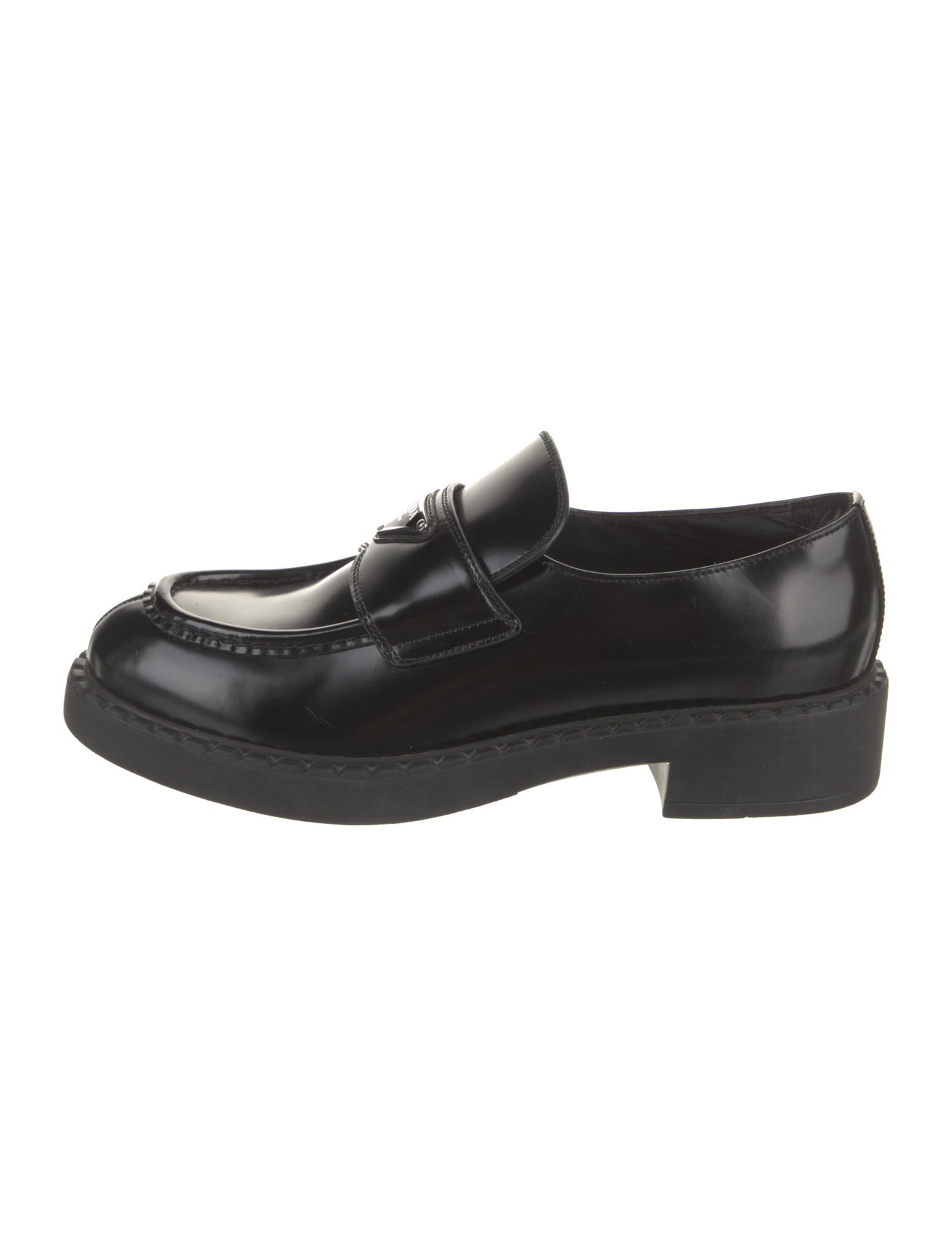 Prada Enameled Metal Triangle Leather Loafers