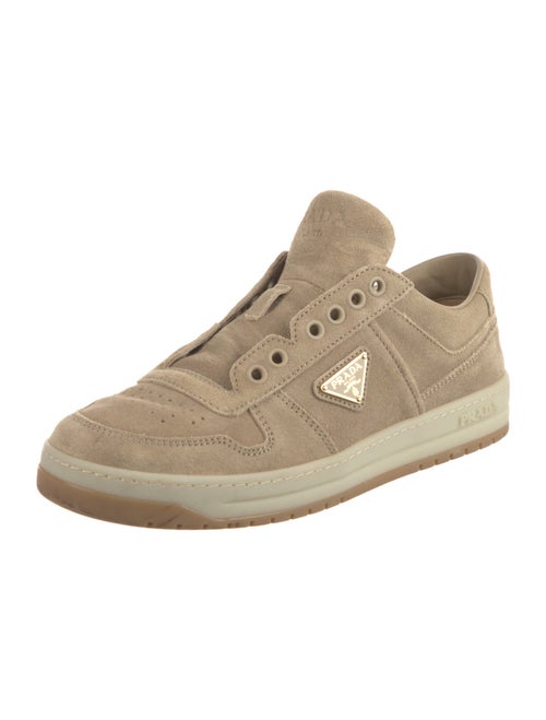 Prada Enameled Metal Triangle Suede Sneakers