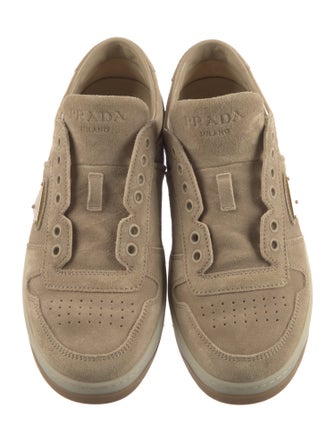 Prada Enameled Metal Triangle Suede Sneakers