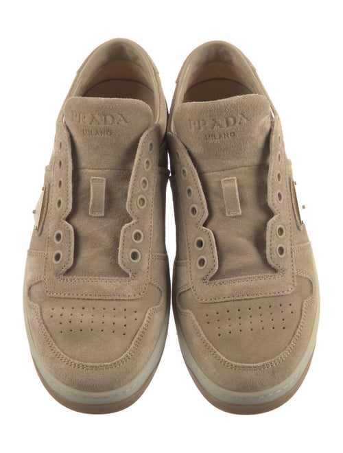 Prada Enameled Metal Triangle Suede Sneakers