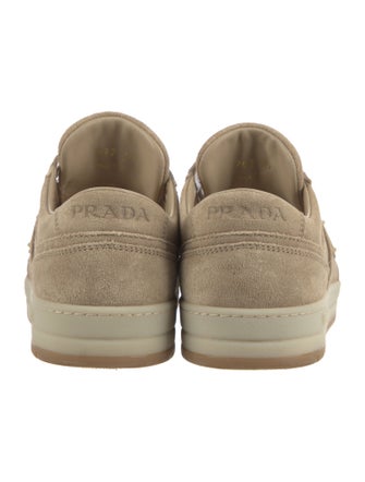 Prada Enameled Metal Triangle Suede Sneakers
