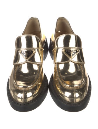 Prada Enameled Metal Triangle Patent Leather Loafers