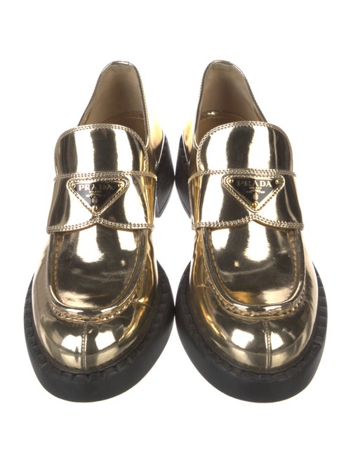 Prada Enameled Metal Triangle Patent Leather Loafers