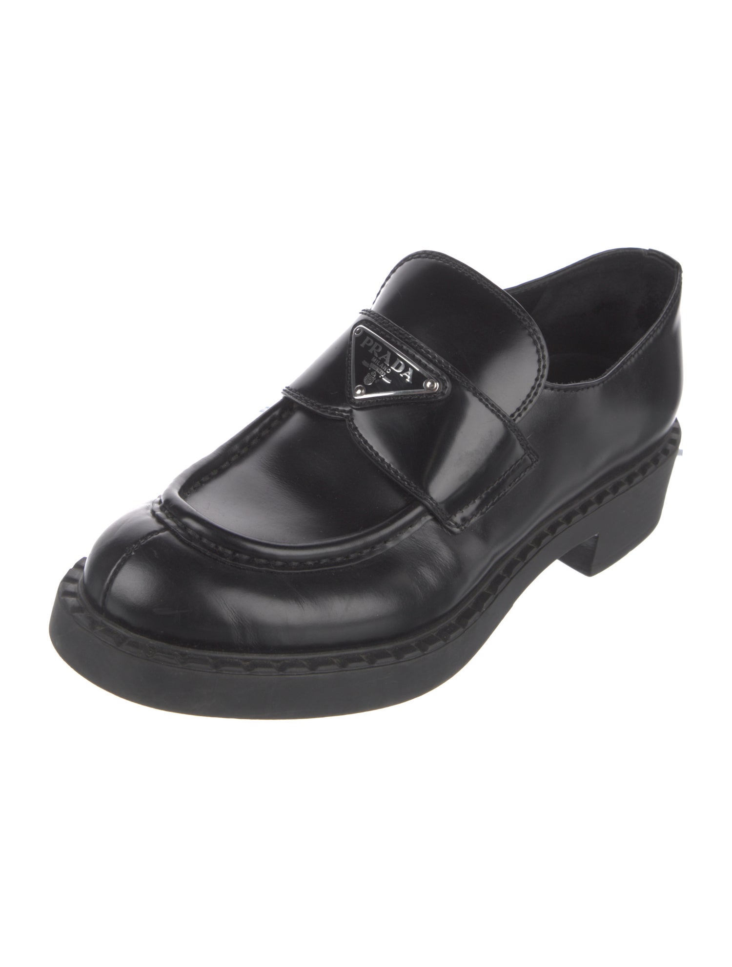 Prada Enameled Metal Triangle Leather Loafers