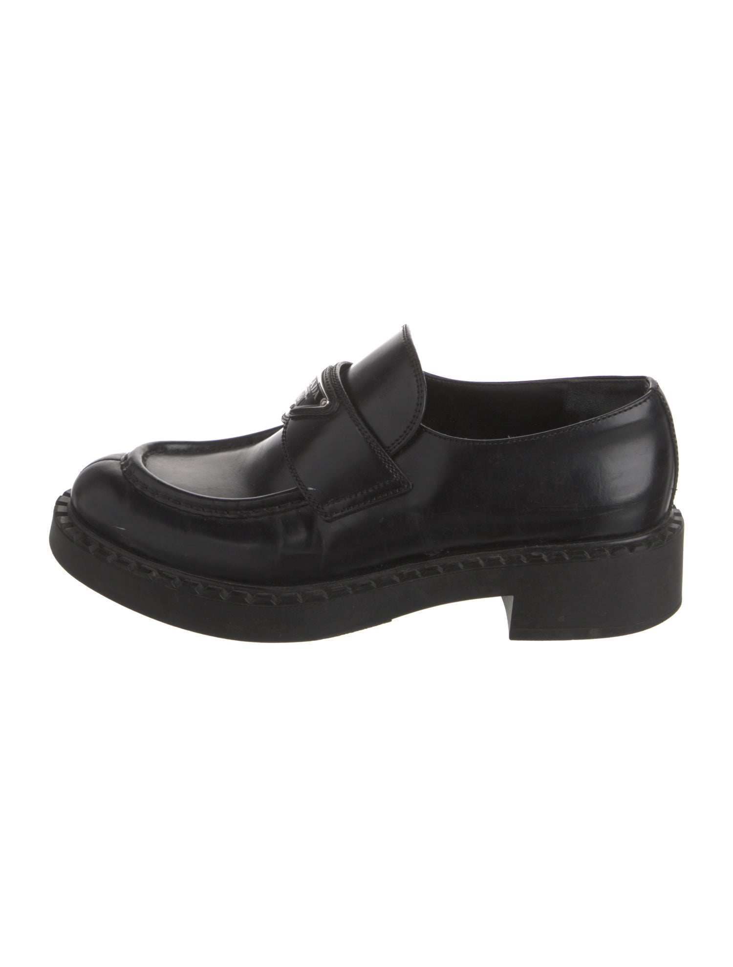 Prada Enameled Metal Triangle Leather Loafers