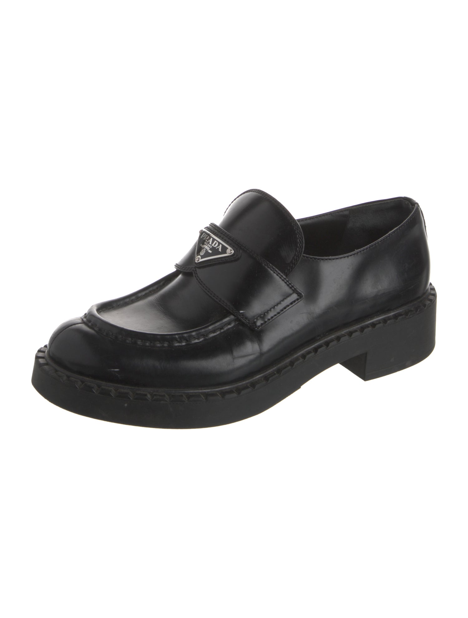 Prada Enameled Metal Triangle Leather Loafers