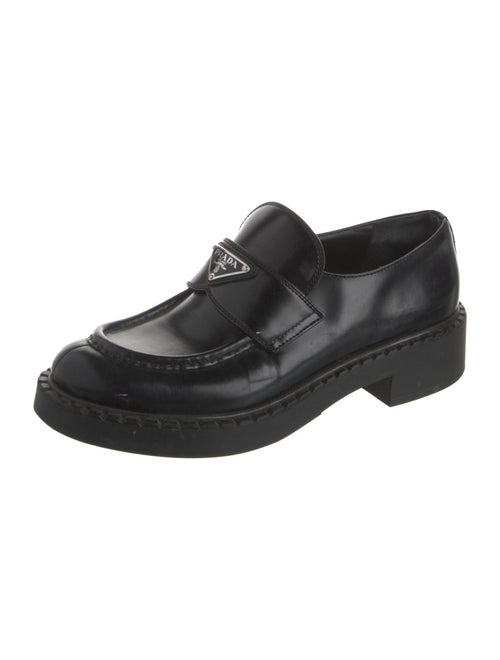 Prada Enameled Metal Triangle Leather Loafers