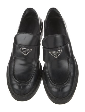 Prada Enameled Metal Triangle Leather Loafers