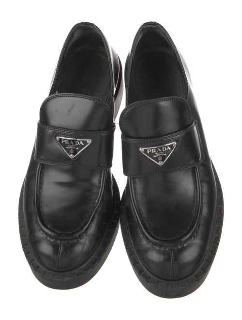 Prada Enameled Metal Triangle Leather Loafers