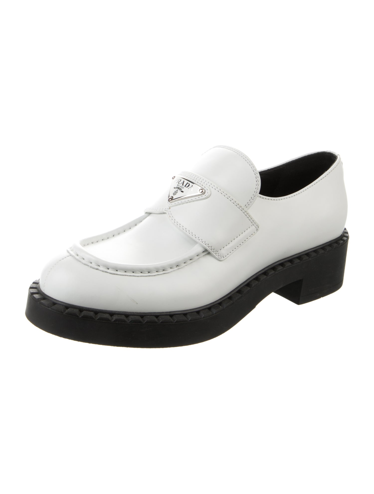Prada Enameled Metal Triangle Leather Loafers