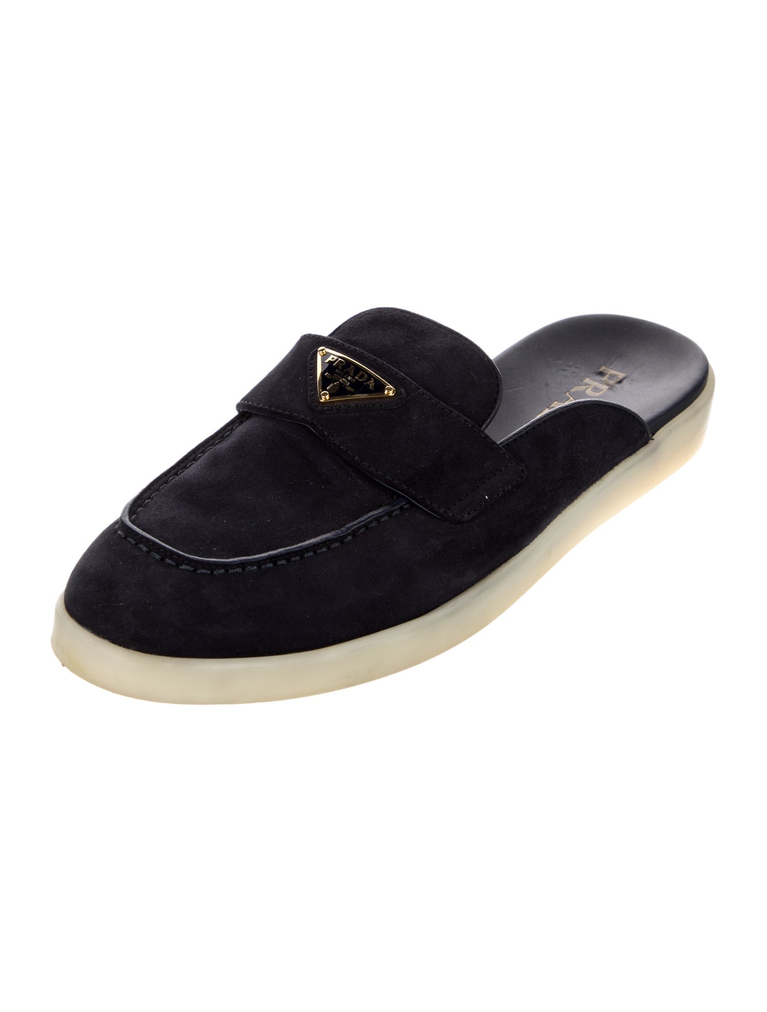 Prada Enameled Metal Triangle Suede Slippers