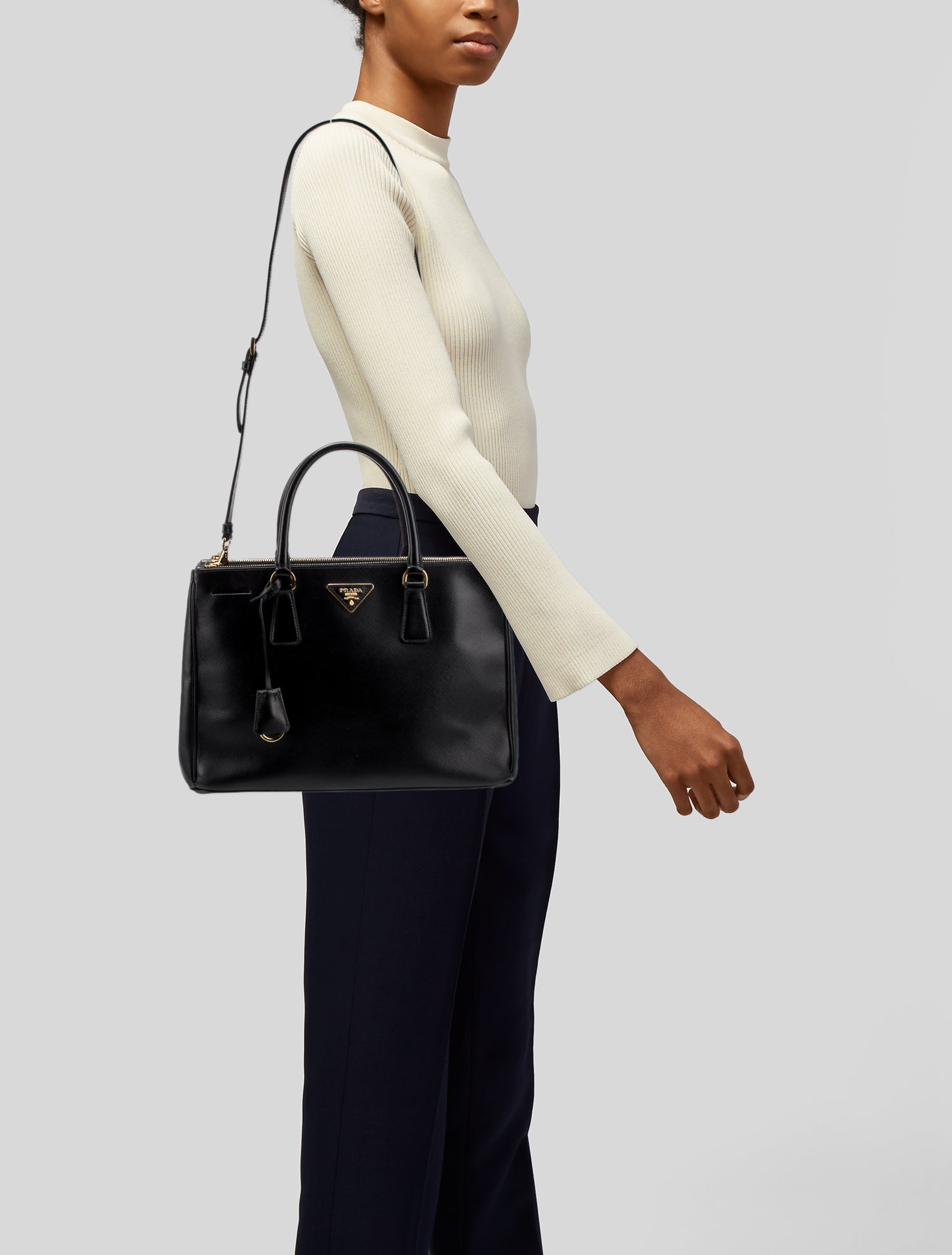 Prada Enameled Metal Triangle Galleria Double Zip Medium