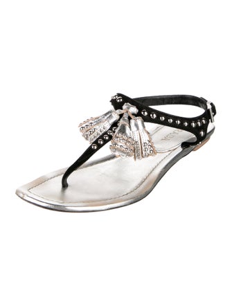 Prada Leather Colorblock Pattern T-Strap Sandals