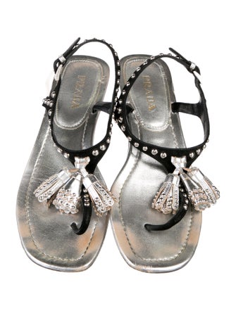 Prada Leather Colorblock Pattern T-Strap Sandals