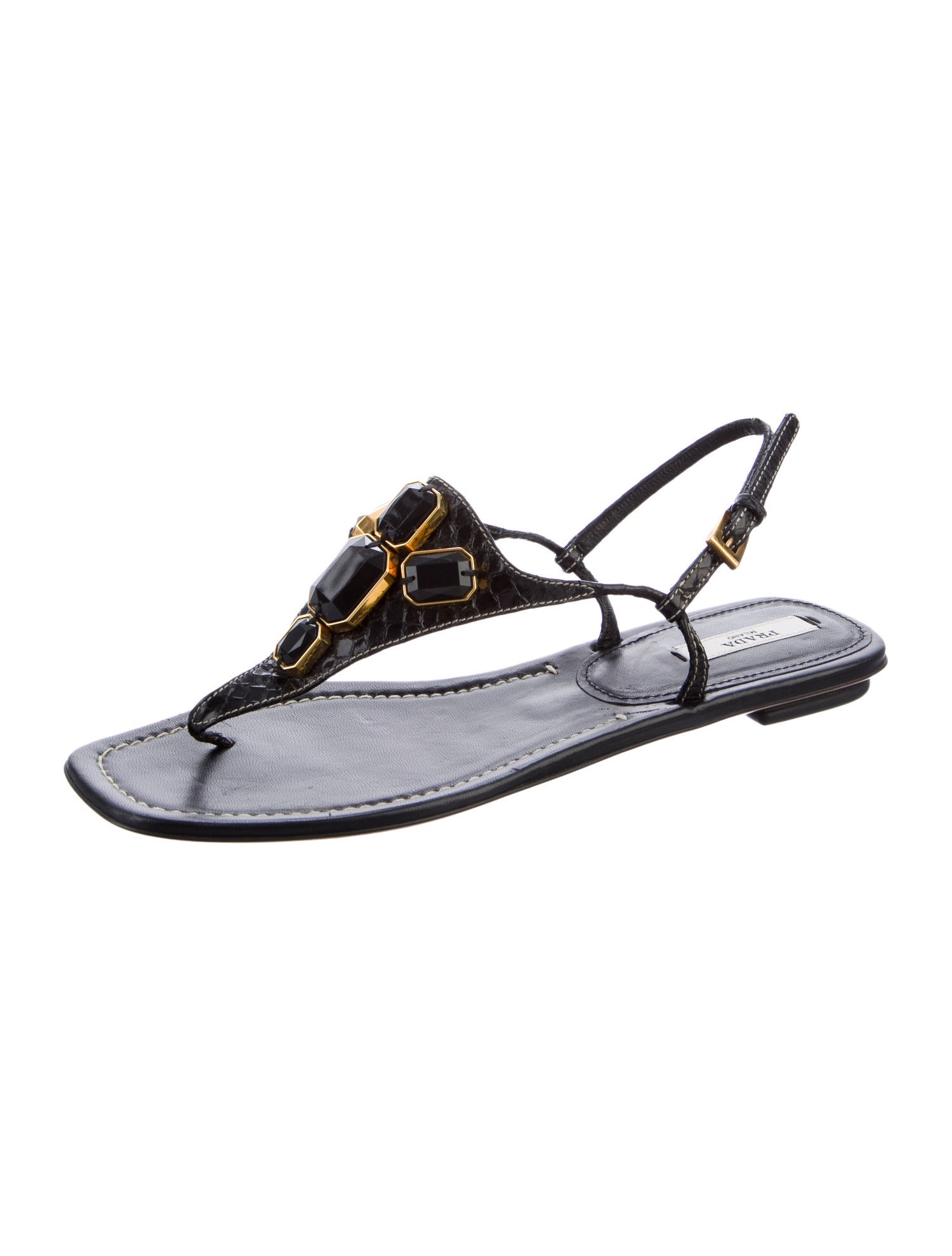 Prada Leather Crystal Embellishments T-Strap Sandals