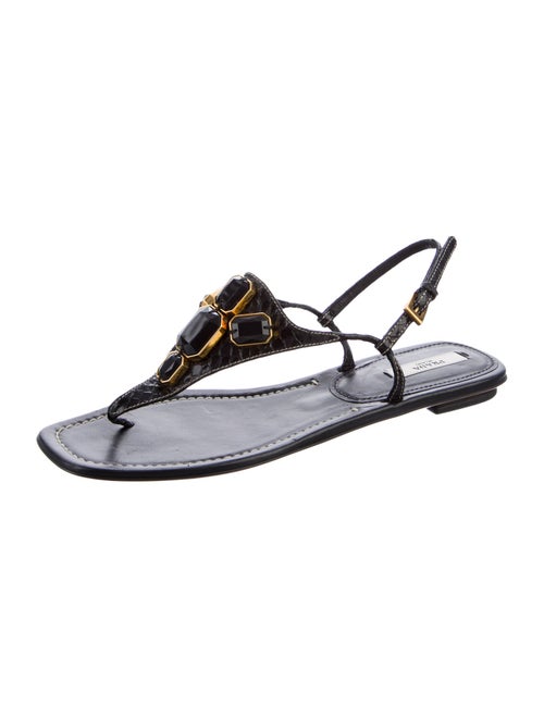 Prada Leather Crystal Embellishments T-Strap Sandals